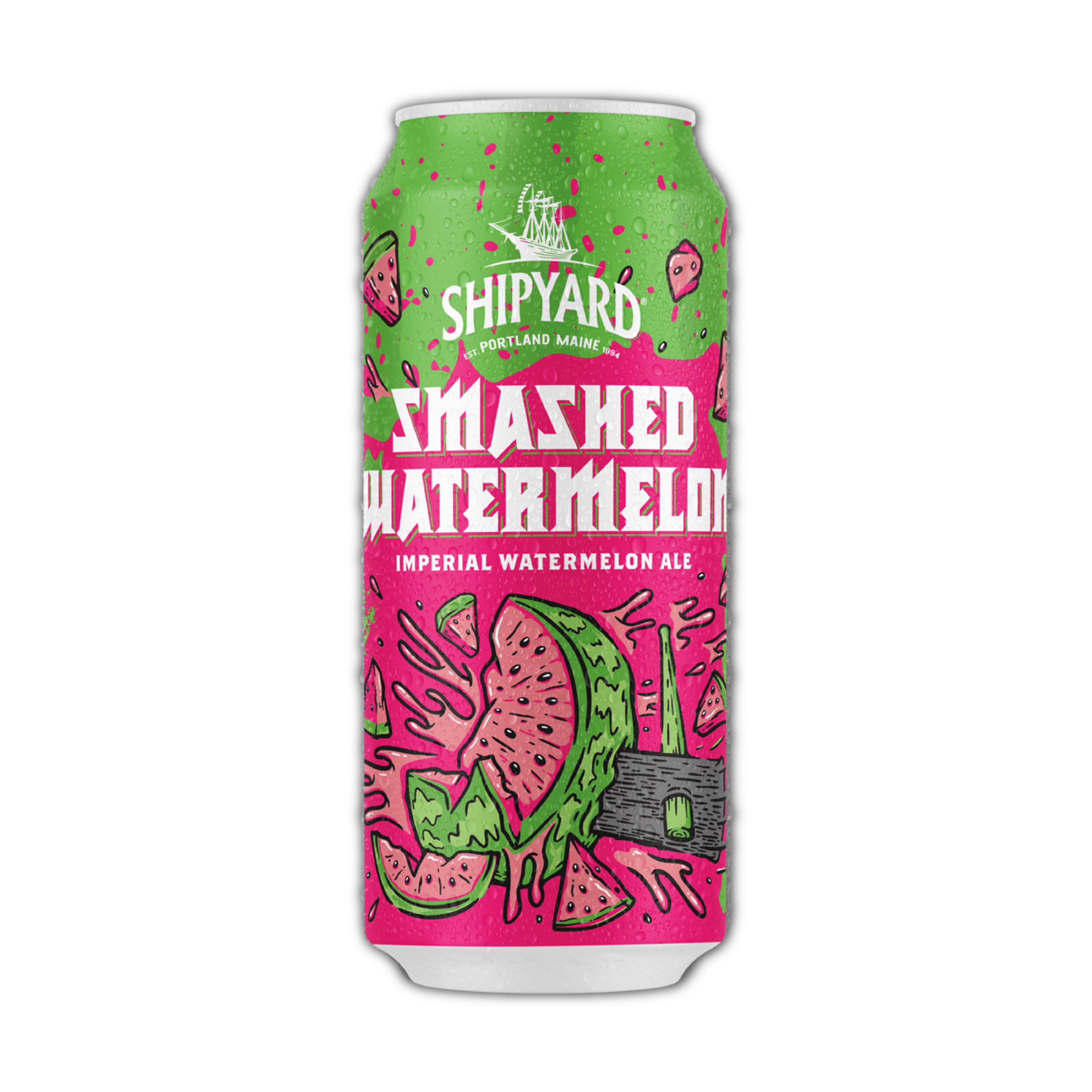 A can of Shipyard Smashed Watermelon Imperial Watermelon Ale, featuring a colorful, illustrated design with splashing watermelon slices and pink and green colors.