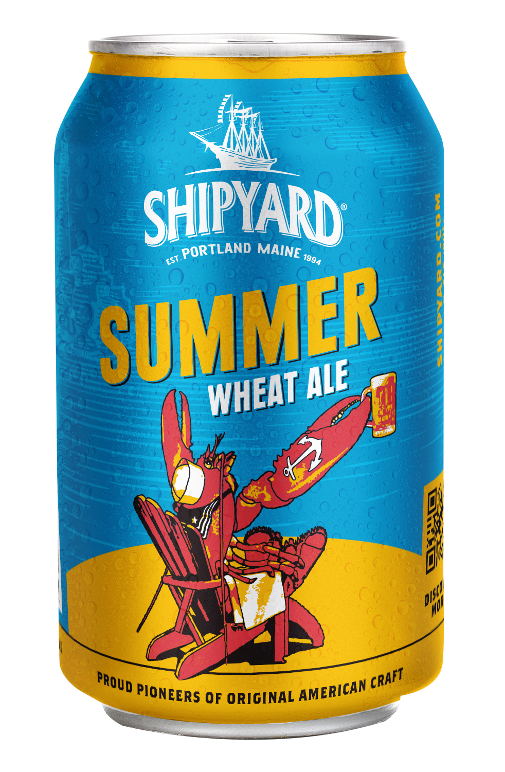 Blue Shipyard Summer Wheat Ale can with yellow accents, featuring the logo and a cartoon lobster holding a beer mug on a coastal scene.