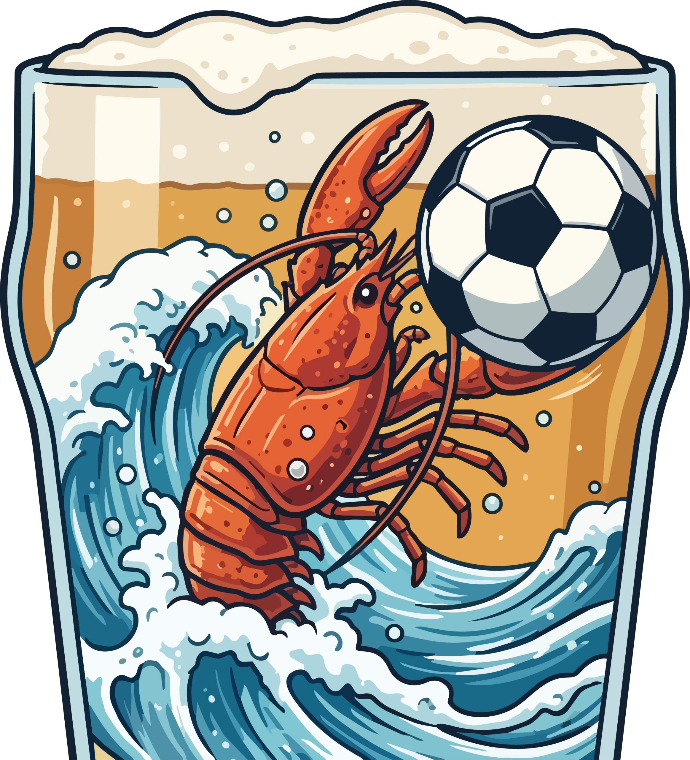 A detailed illustration of a lobster, ocean waves, and a soccer ball inside a frothy pint glass filled with beer.