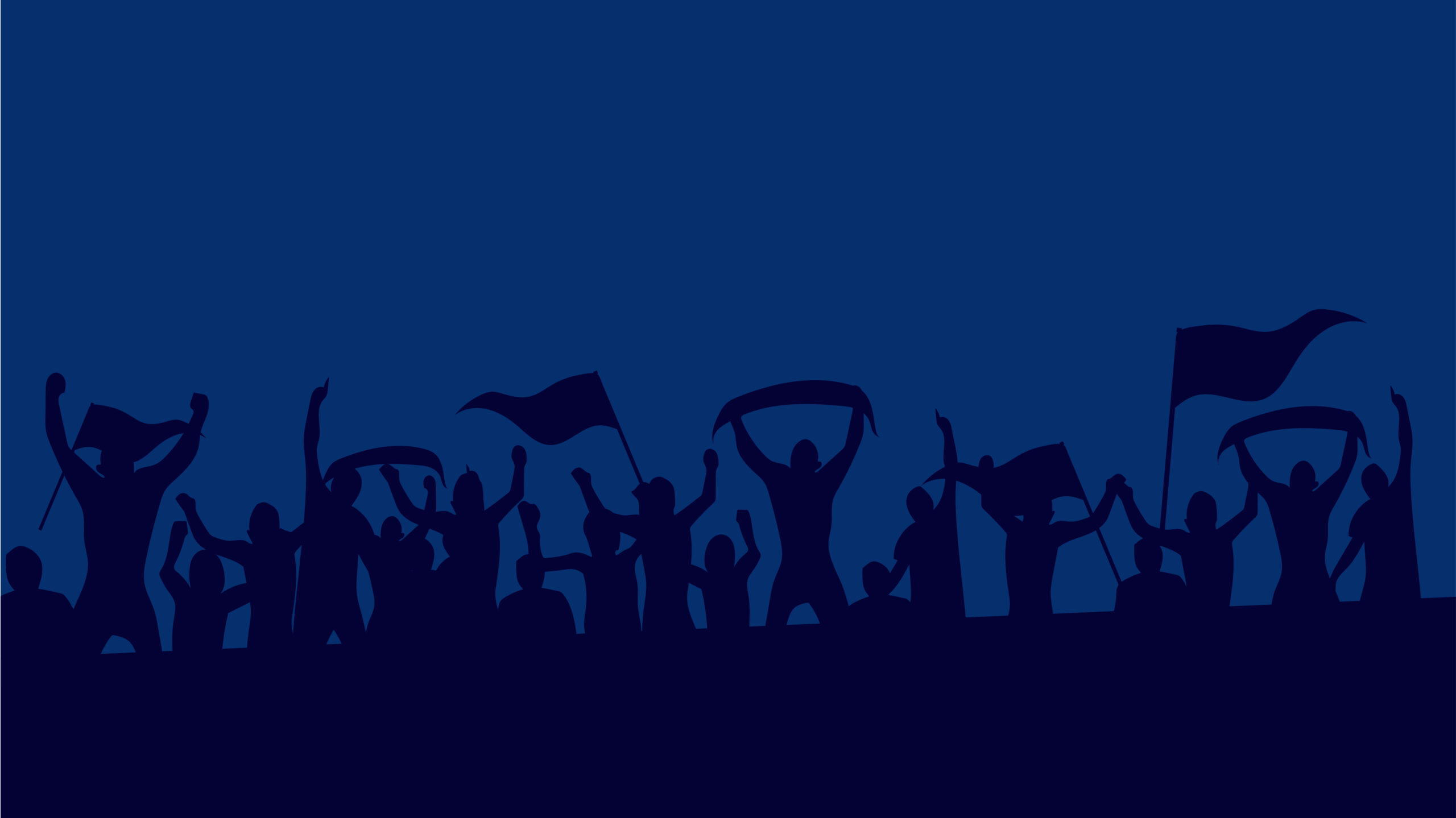Silhouette of a cheering crowd holding flags and banners against a dark blue background, with raised arms and energetic poses, suggesting celebration or support.