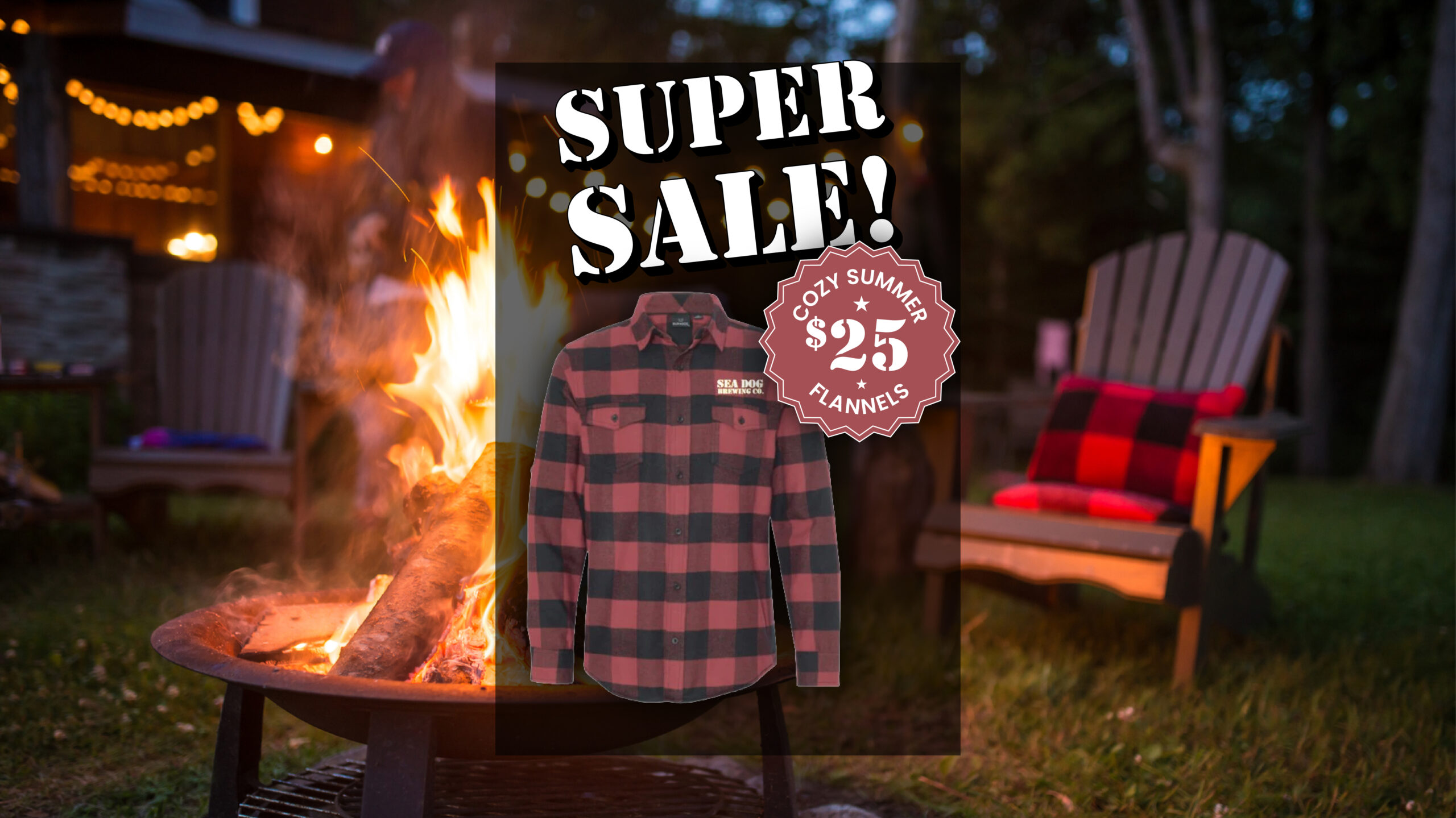 A plaid shirt is advertised in a "Super Sale" for $25 with a "Cozy Summer Flannels" badge, overlaid on an outdoor scene with a campfire, Adirondack chairs, and string lights in the background.